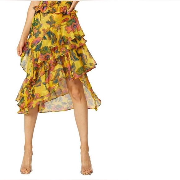 Revolve MISA Los Angeles Carmen Floral Asymmetric Ruffle Skirt Indigo Bloom XS - Picture 1 of 7